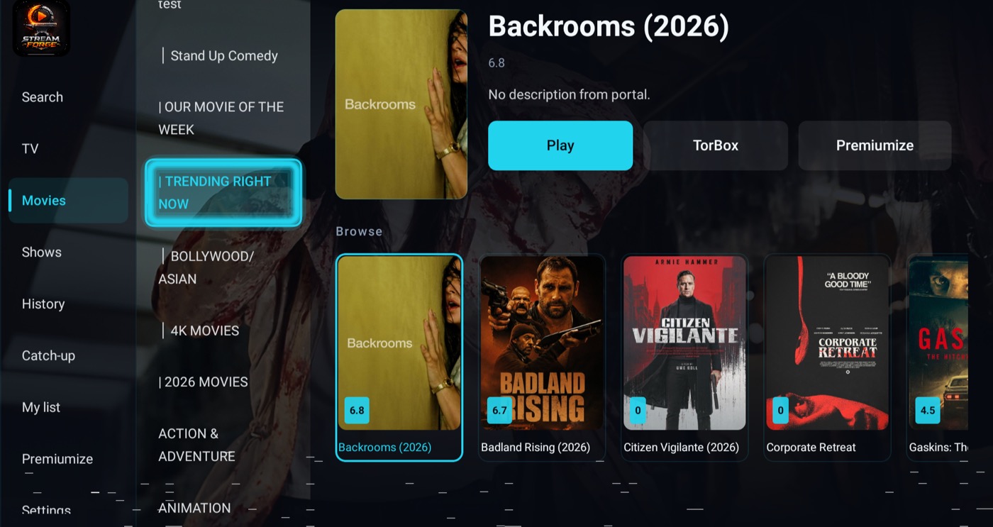 StreamForge Android TV app browsing Movies with sidebar navigation