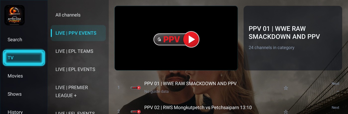 StreamForge Live TV channel list grouped by category